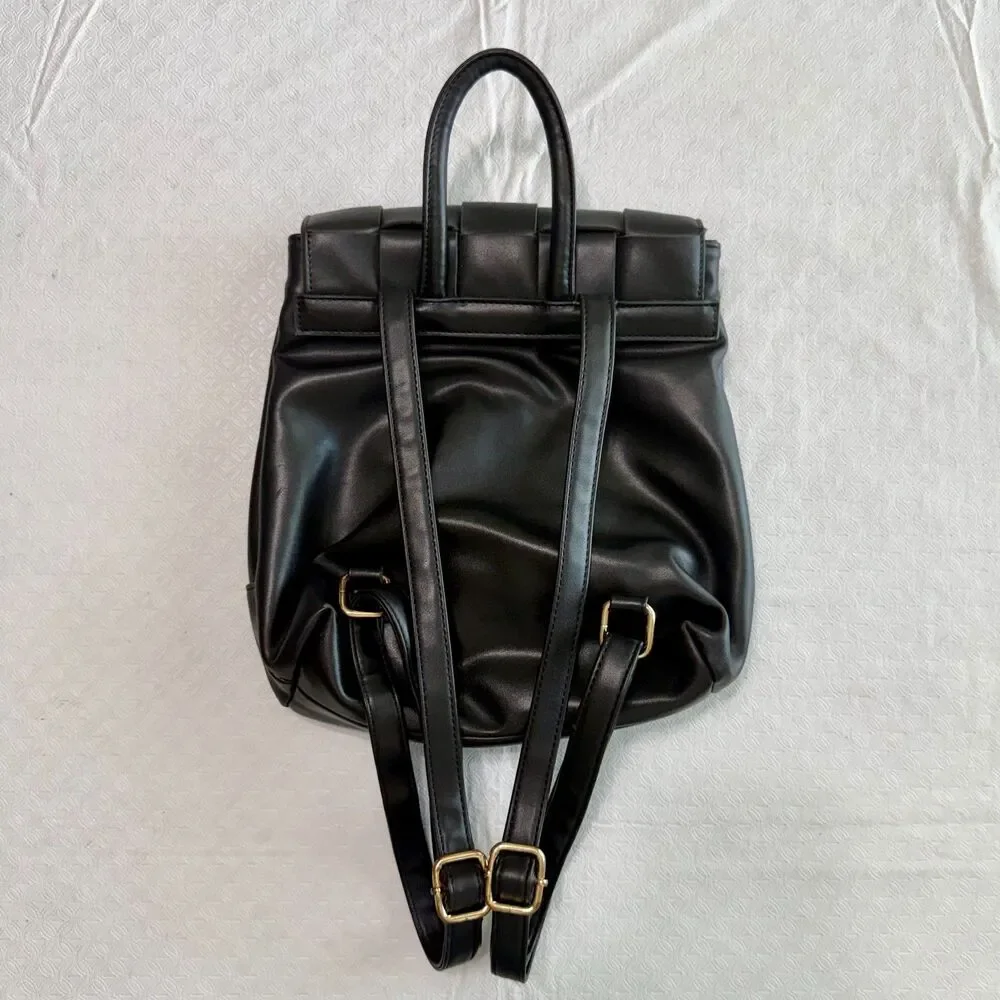 Alexis Bendel Black Woven Flap Backpack Mini Faux Leather Striped Lining Gold HW